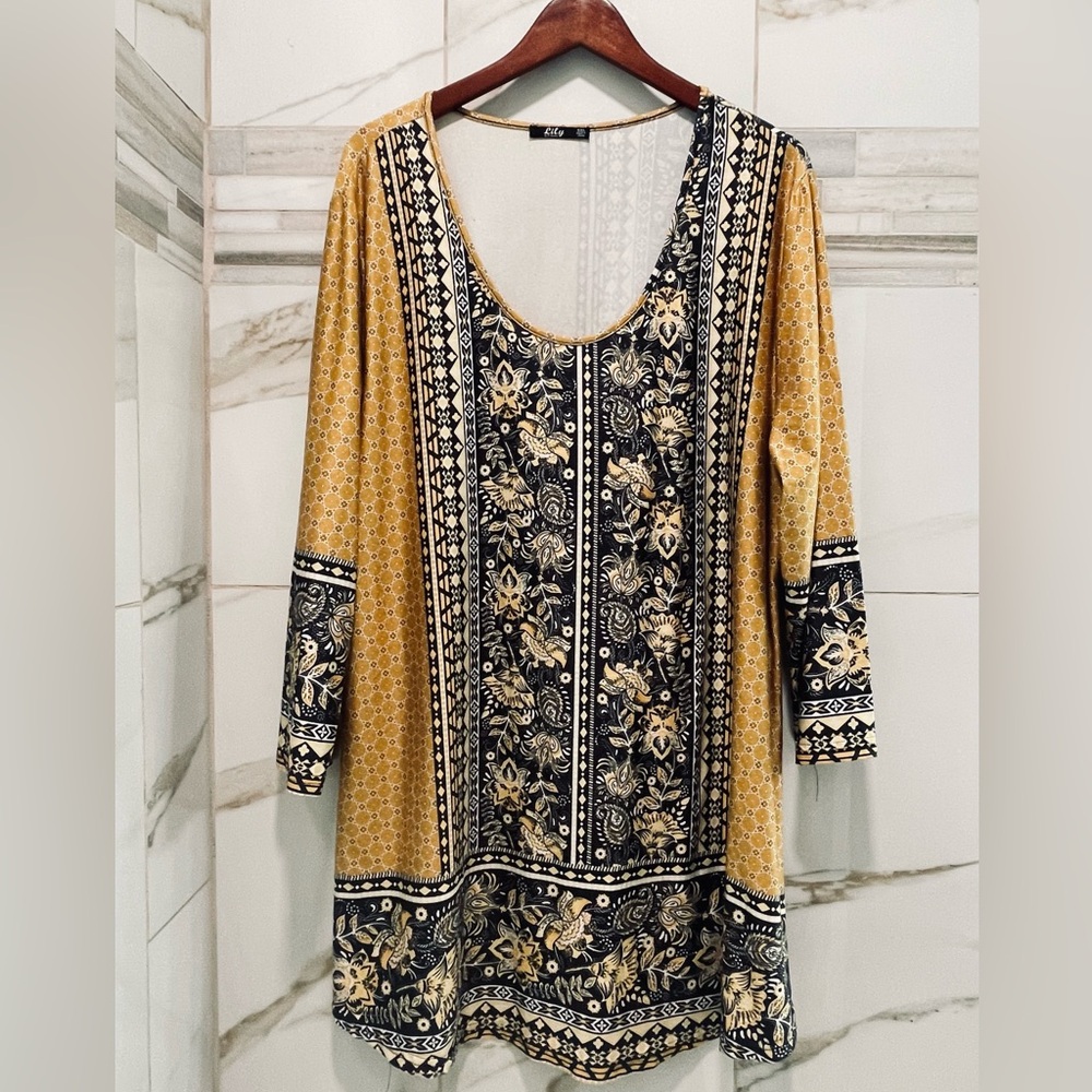 Lilly Women’s Boho Maxi Dress 3/4 Sleeve Mustard Black Floral 4XL Western comfy - Picture 2 of 12
